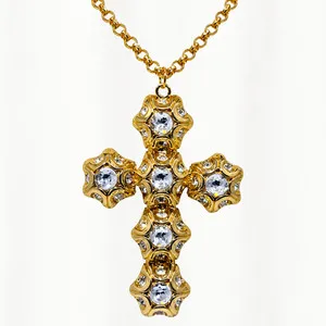 Authentic Catwalk Jon Gold Plated Rhinestone Pendant Necklace Signed 4" Statement Cross