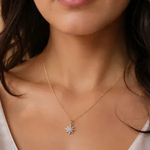 Authentic 14 Karat Gold Plated CZ Star and Synthetic Opal Necklace