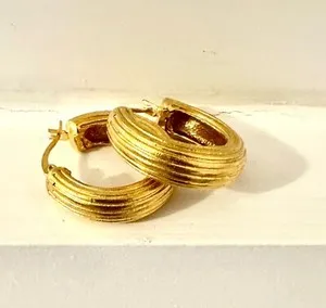 Authentic 21 karat, gold plated, hand crafted, ribbed hoop earrings