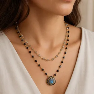 Authentic 19"/20" + 2" 14 Karat Gold Plated Labradorite and Black Onyx Necklace