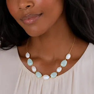 Authentic 14 Karat Gold Plated Rainbow Moonstone and Green Chalcedony Necklace