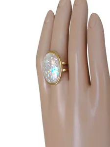 Authentic Opal Ring 18x25mm Creamy Resin Opal; 18-Karat Gold-Plated, - Band