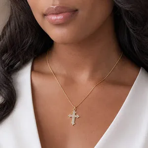 Authentic 18" 14 Karat Gold Plated Diamond Studded Ornate Cross Necklace