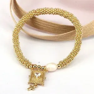 Authentic Vintage-style cross bracelet with heart-shaped zircons and 18-karat gold-plated