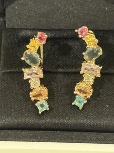 Authentic Rainbow Gemstone, Crawler Earrings 14 Karat Gold Plated