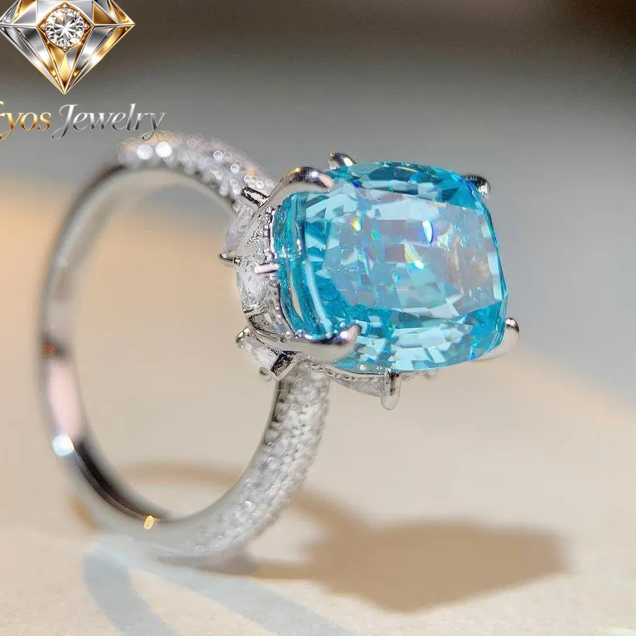 Authentic Kryos Jewelry Luxury white gold solid platinum PT950 Aquamarine Moissanite Ring Women's 10 karat Ring