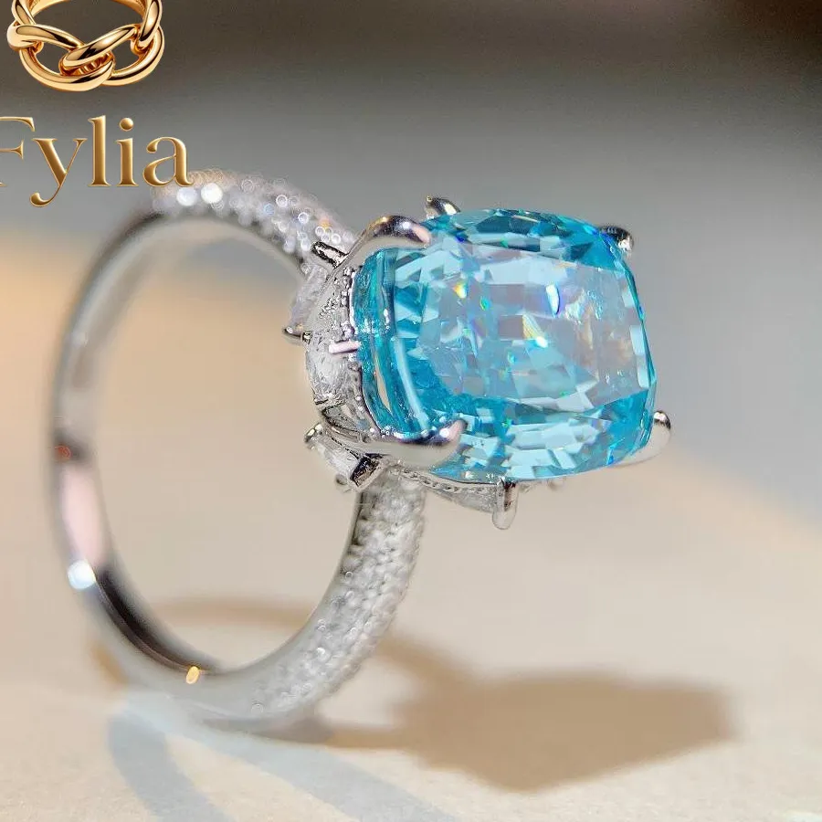 Authentic Fylia Jewelry Luxury white gold solid platinum PT950 Aquamarine Moissanite Ring Women's 10 karat Ring