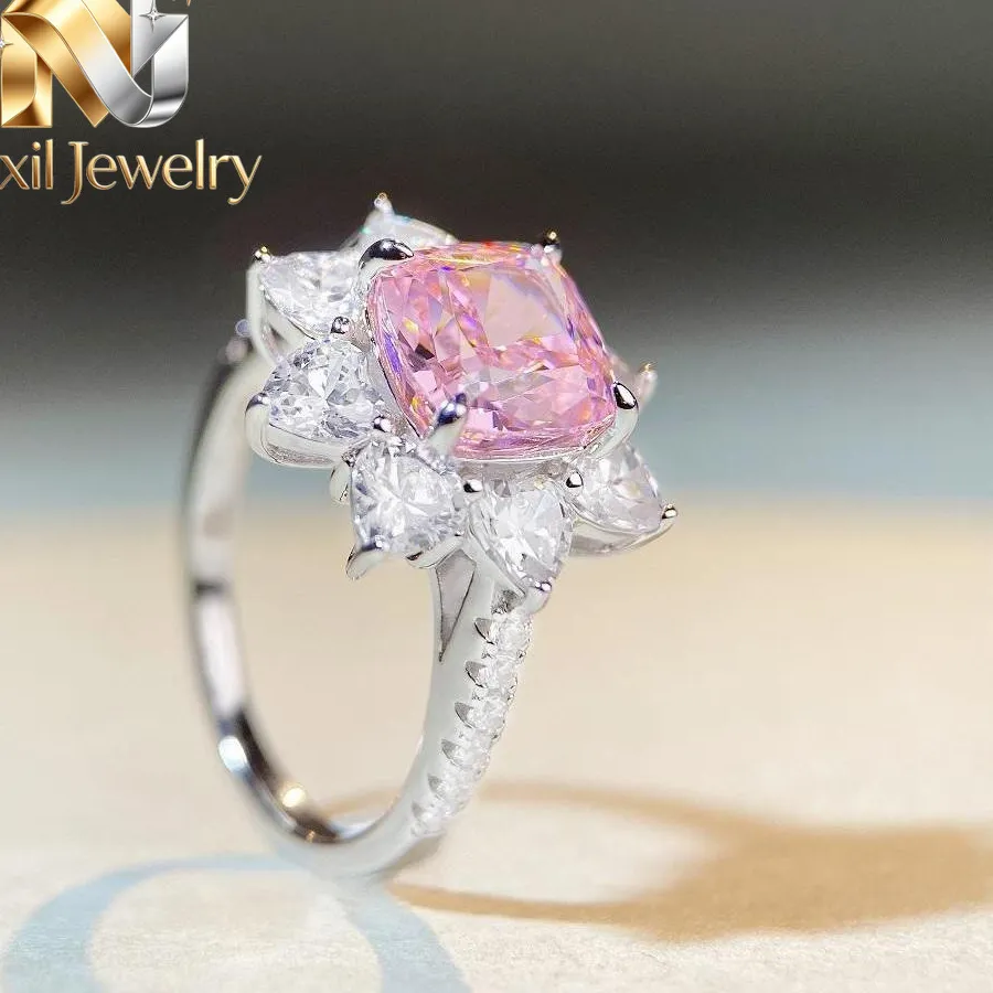 Authentic Nexil Jewelry Luxury Solid Platinum PT950 Women's Instagram Style Pink 3 karat Diamond Ring Flower Sunflower Love Ring
