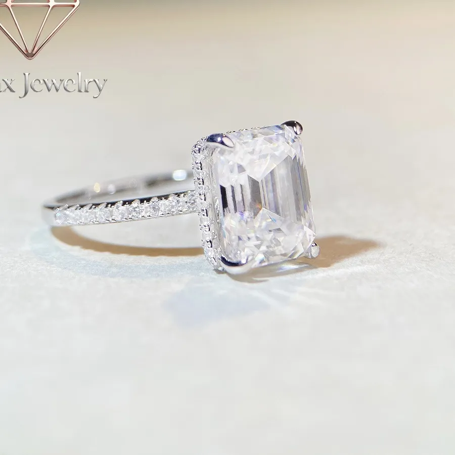 Authentic Zylax Jewelry Luxury Solid Platinum PT950 4 karat Moissanite Ring Women's Emerald Cut Pagoda Diamond Ring
