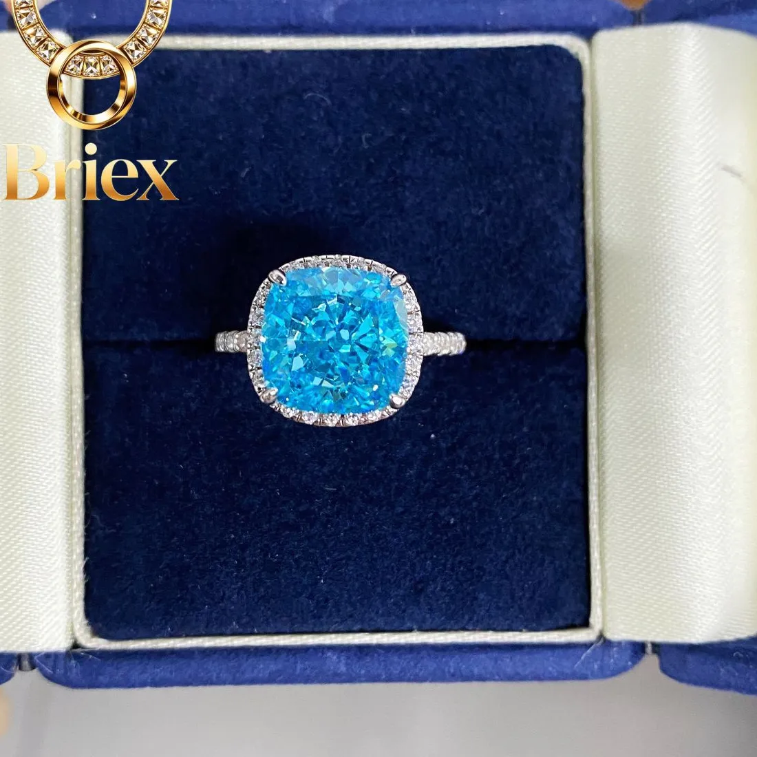 Authentic Briex Jewelry Luxury Solid Platinum PT950 Sea Blue 5 karat Generous Sugar Raydean Cut Ice Flower Cut Diamond Ring