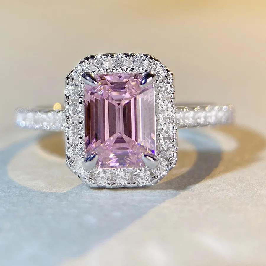 Authentic Mylux Jewelry Luxury Solid Platinum PT950 Women's pink diamond ring 2 karat sugar square bag moissanite diamond ring