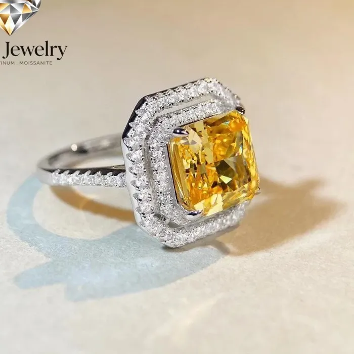 Authentic Elnar Jewelry Luxury Solid Platinum PT950 Women's 5 karat Yellow Diamond Square Full Diamond Ring Raydean Cut Diamond Ring