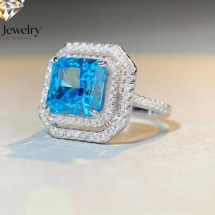 Authentic Elnar Jewelry Luxury Solid Platinum PT950 Women's Sea Blue 5 karat Diamond Moissanite Ring Women's Raydean Cut Banquet Ring
