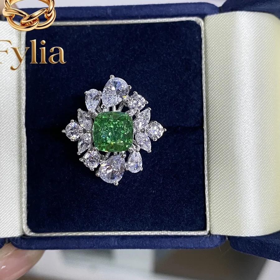 Authentic Fylia Jewelry Luxury Solid Platinum PT950 Women's Aquamarine Diamond Ring 3 karat Moissanite Diamond Ring