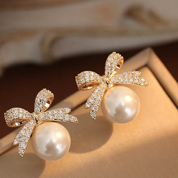 Authentic Sparkling Rhinestone Bow Pearl Stud Earrings Light Luxury Jewelry Women Gifts Wedding Birthday
