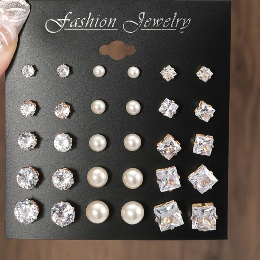 Authentic 15 Pairs Classic Luxury Geometric Six Claw Zircon Crystal Pearl Stud Earrings Sets for Women Daily Wear Piercing Jewelry Gifts