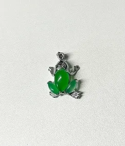 Authentic 18k White Gold Plated Green Jade Frog Pendant Crystal Toad Necklace Charm
