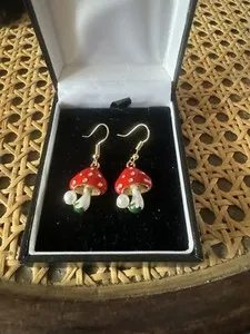 Authentic Gold Plated Hook Thru Earrings With Enamelled Toad Stool Charms