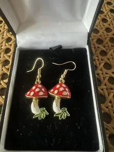 Authentic Gold Plated Hook Thru Earrings With Enamelled Toad Stool Charms