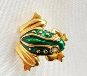 Authentic Frog ~ Toad ~ Brooch ~ Green Enamel ~ Gold Plated ~ Sparkling Diamantes