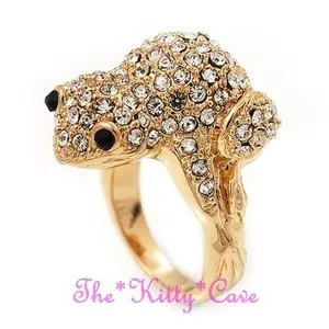 Authentic Gold Plated Statement Catwalk Cocktail 3D Frog Toad Ring w/ Swarovski Crystals