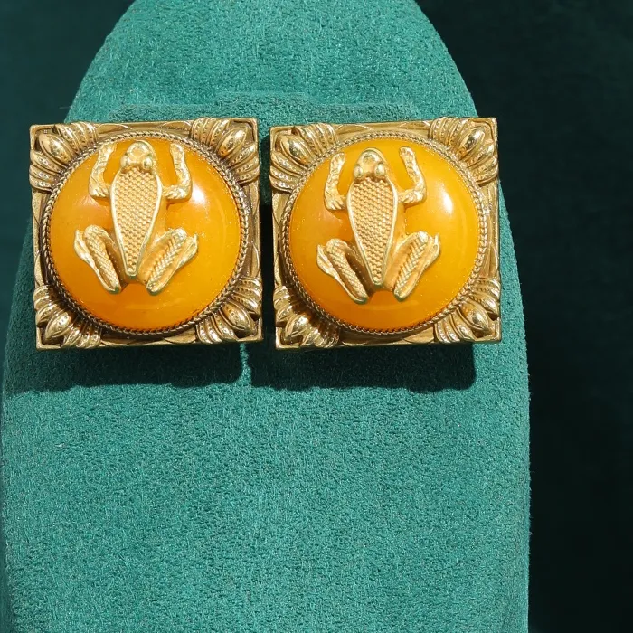 Authentic Golden Toad Amulet Earrings – Beeswax Yellow Square Charm with Verdant & Crimson Gems