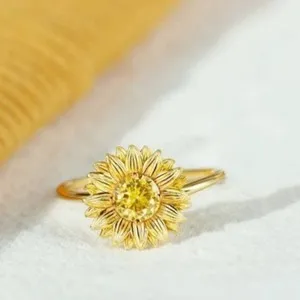 Authentic Dazzling Yellow Zircon Inlaid Gold Plated 3D Sunflower Women's Open Ring