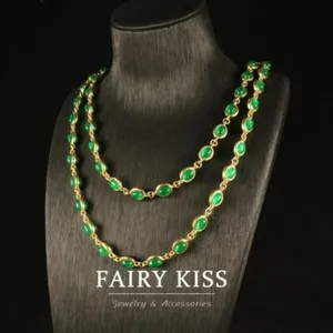 Authentic Green Glazed Stone Inlaid Gold-plated Necklace Ear Clip Set Retro Jewelry