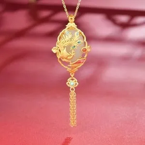 Authentic Gold Plated Inlaid White Jade Peacock Tassel Pendant Necklace, Women's