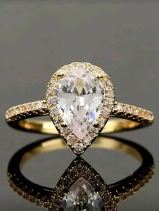 Authentic Gold-Plated Teardrop Shaped White/Colorless CZ Ring Size 8 Inlaid