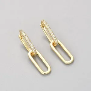 Authentic Shiny CZ Micro Inlaid Gold Plated Elliptical Link Hanging Huggie Earring