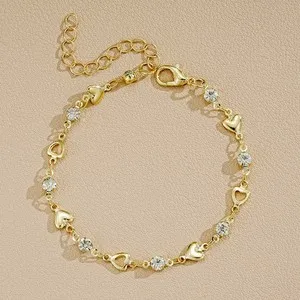 Authentic Shining Gold-plated Hearts Connected CZ Inlaid Chain Link Bracelet w/extension