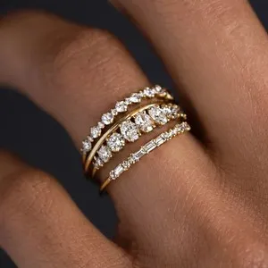 Authentic 4PCS Stacking Ring Gold Plated Wedding Cocktail Band Inlaid Zircon Women Jewelry