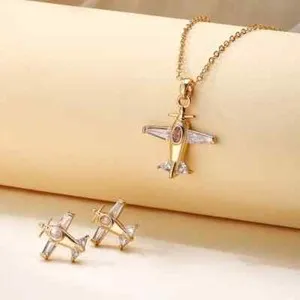 Authentic 14k Gold Plated Shiny Zirconia Inlaid Airplane Design Necklace Earrings Set