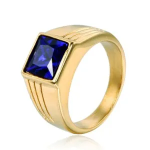Authentic Gold Plated Blue CZ Inlaid Ring Men's Women's Wedding Band Ring