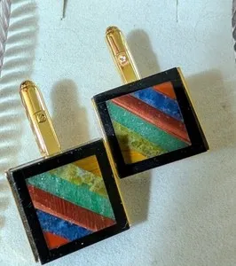 Authentic Vintage Gold Plated Inlaid Semi Prescious Gemstone Cuff Links
