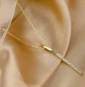 Authentic Sparkling Zircon Inlaid Minimalist Bar Pendant Gold-plated O-chain Necklace