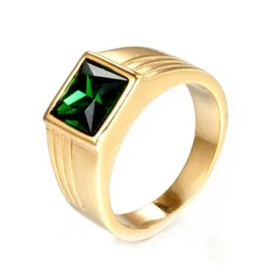 Authentic Gold Plated Green CZ Inlaid Ring Men's Women's Wedding Band Ring