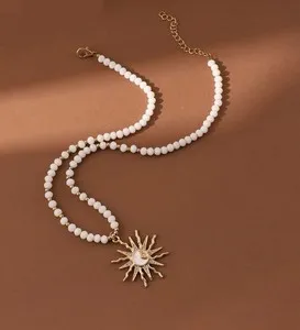 Authentic Boho Gold Plated Sunflower CZ Inlaid Pendant Crystal Beads Chain Choker Necklace