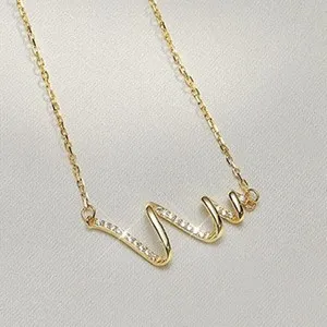 Authentic Dainty Sparkling CZ Inlaid Irregular Wave Twist Pendant Gold Plated Necklace