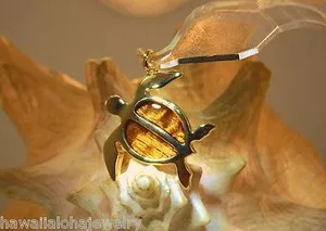 Authentic 33.5MM YELLOW GOLD-PLATED GENUINE INLAID HAWAIIAN KOA WOOD TURTLE PENDANT