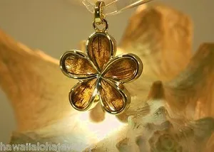 Authentic 28mm Hawaiian 14k Gold Plated On Genuine Inlaid Koa Wood Plumeria Pendant