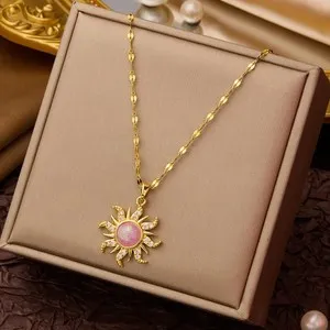 Authentic Gold Plated Sunburst Necklace With Zircon Inlaid Delicate Chain For Her