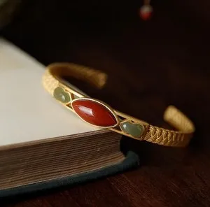 Authentic 18K Gold Plated Inlaid Red Agate Bracelet Green Jade Bracelet Jewelry