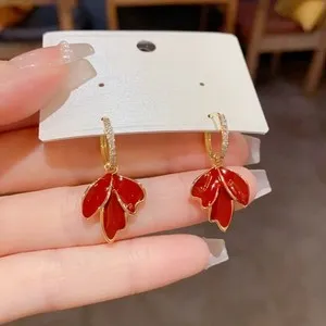 Authentic Pretty Red Enamel Maple Leaf Hanging CZ Micro Inlaid Gold-plated Huggie Earrings