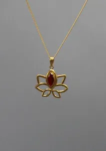 Authentic Oval Garnet inlaid Gold Plated Lotus Pendant