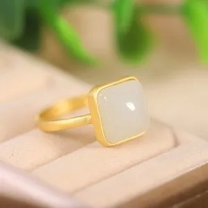 Authentic Gold plated frosted national style inlaid Hotan Jade square ring