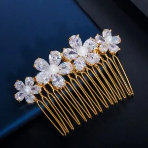 Authentic Rose Gold Plated Pearl Inlaid Cubic Zirconia Flower Comb Bridal Hair Accessories