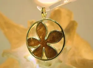 Authentic 39mm Gold Plated Inlaid Hawaiian Koa Wood Reversible Plumeria Pendant #3