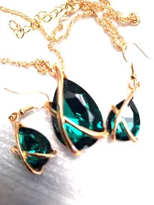 Authentic NECKLACE EARRINGS SET*14K GOLD PLATED*INLAID RHINESTONE/WATERDROP SHAPE*2 COLORS